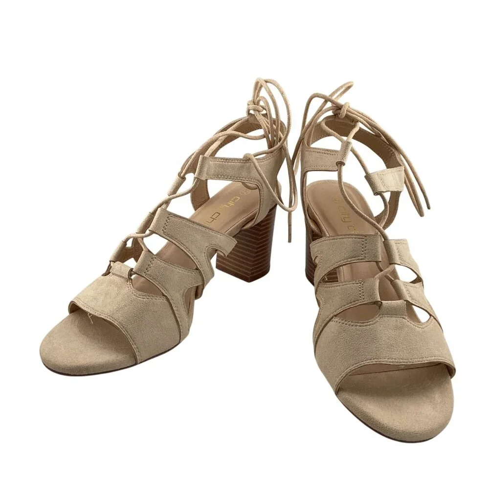 City Chic Womens Heel Strap Lacey Size 11-11.5 42 NWB Nude Beige Strappy Sandals - Picture 2 of 10